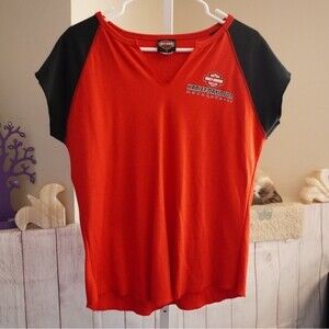 Harley-Davidson sz L Womens Short Sleeve Colorblock Tee Woodstock IL Red Black